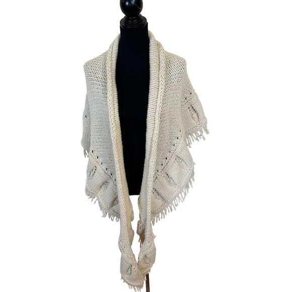 Handmade Knit Cream Shawl With Fringe Leaf Pattern Design 90 X 24  Cozy Cottage - Picture 1 of 8